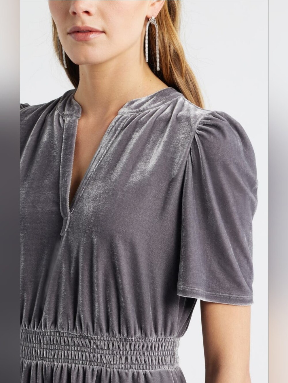 NWT - Caslon Grey Stretch Plush Velour Smocked Waist Fully Lined Midi Dress - M - Picture 4 of 16